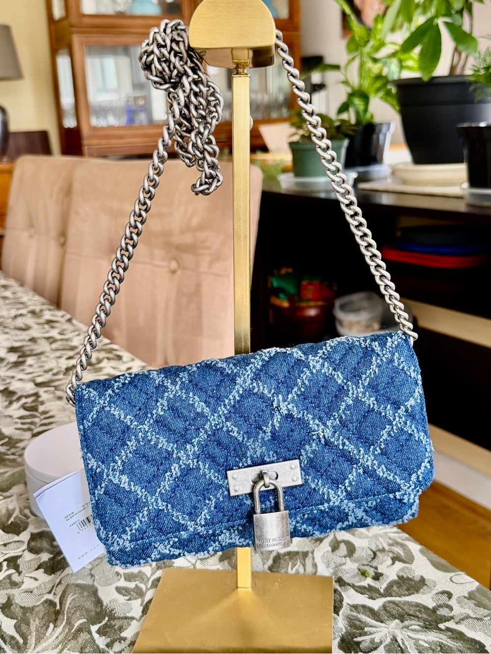 Kurt Geiger Blue Quilted Denim wallet on a chain NWT